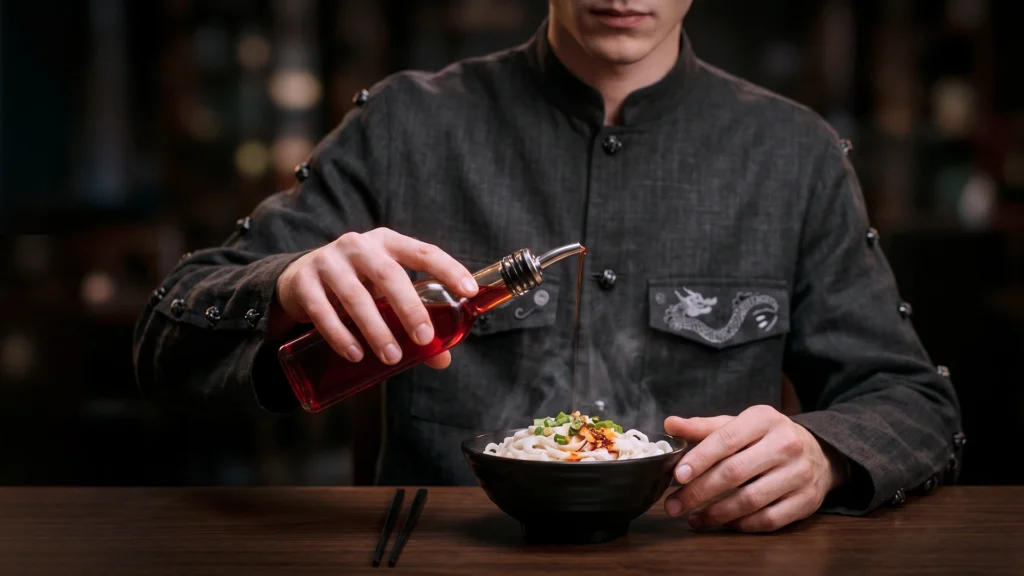 jeune homme versant de l'huile rouge chinoise sur des nouilles