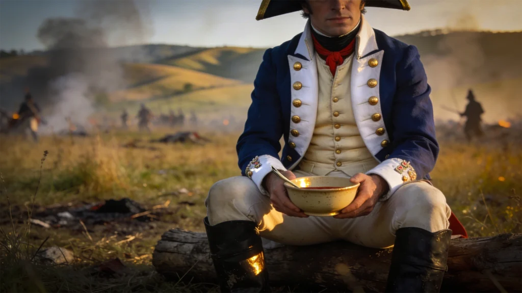 Personnage historique dans un champs de bataille avec son bol de Personnage historique dans un champs de bataille avec son bol de poulet marengo