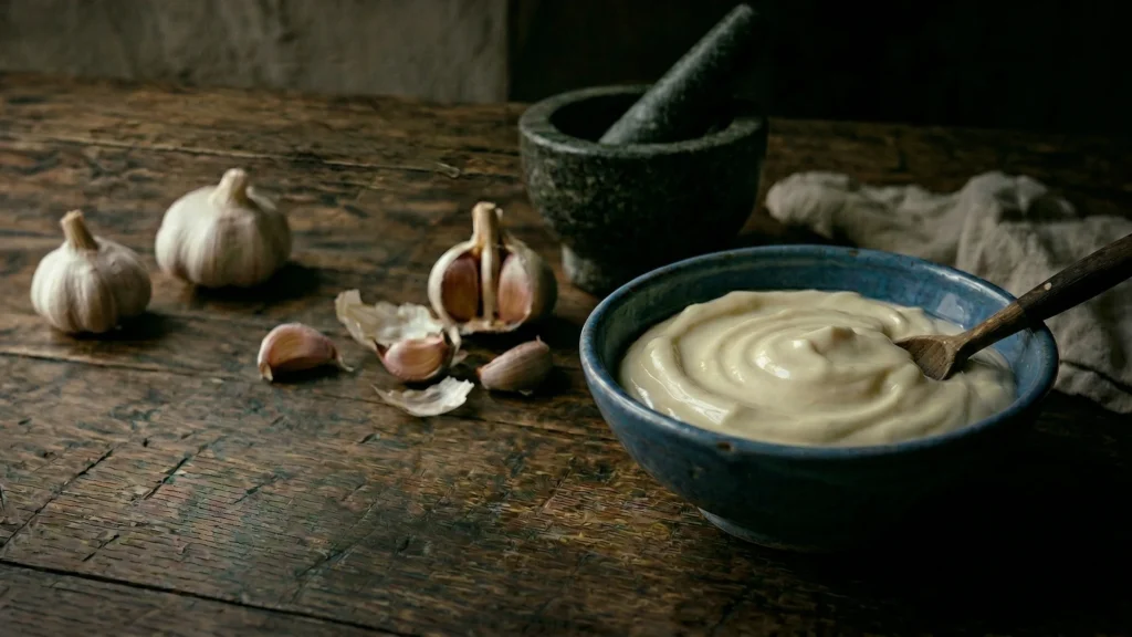 Ail et aïoli dans un bol provençal