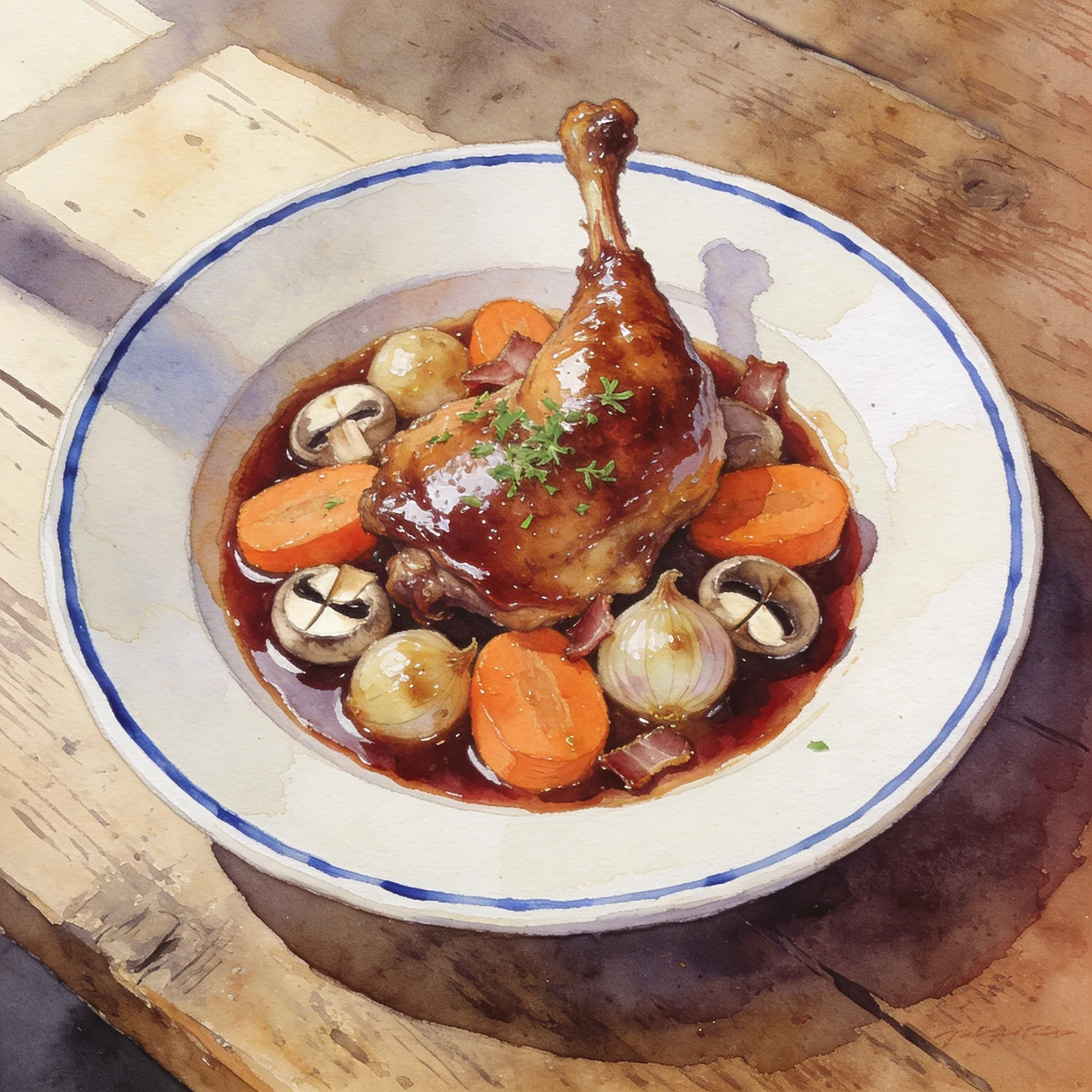 Coq au vin bourguignon sur une table en bois