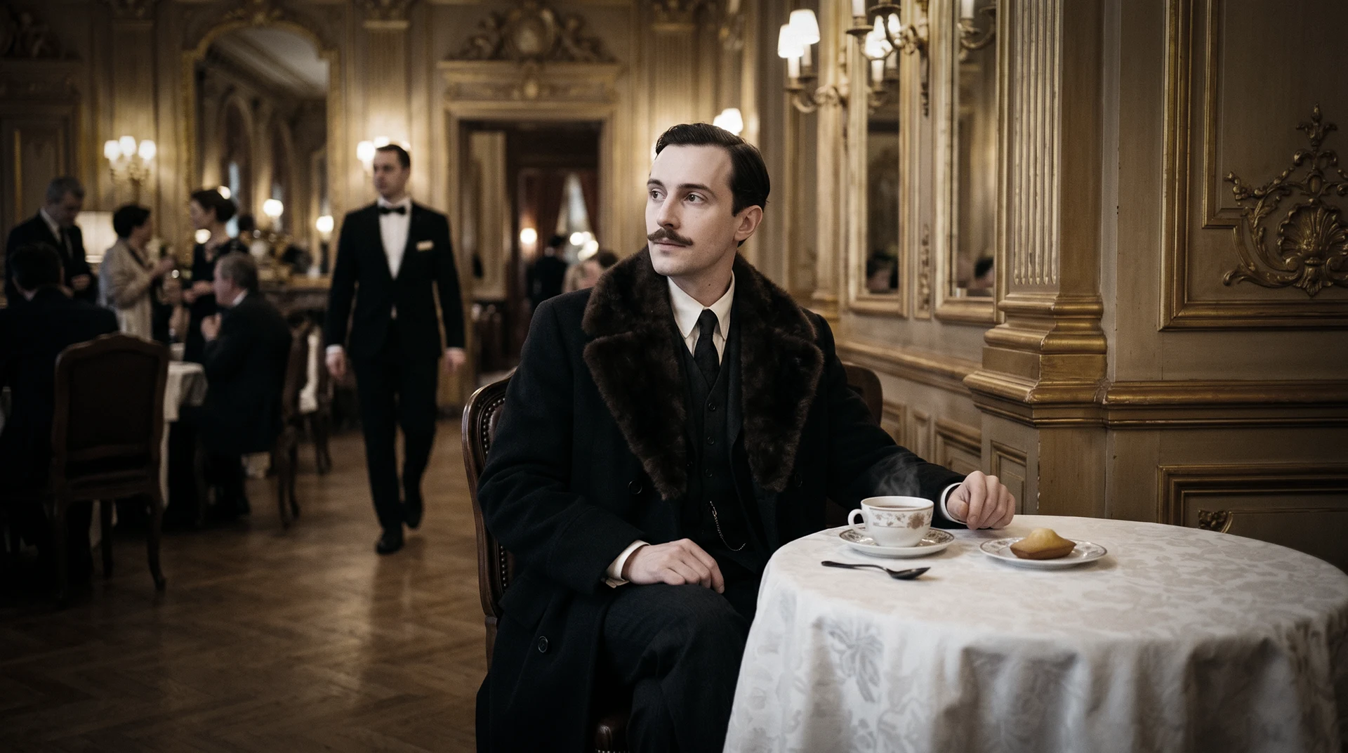 Homme en manteau à col de fourrure assis au Ritz devant une tasse de thé et une madeleine de Proust