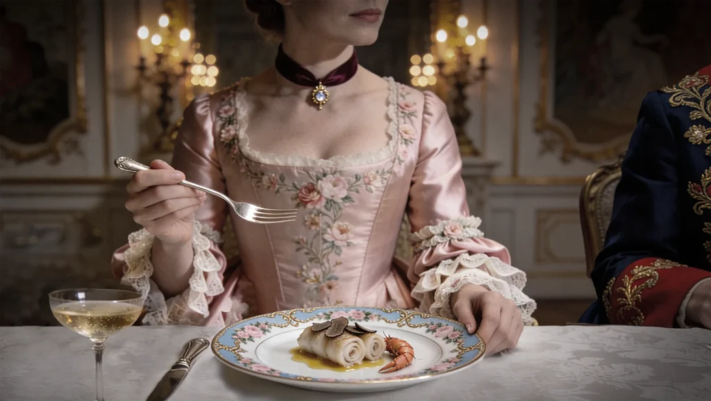 Personnage de l'histoire : Madame de Pompadour denant un plat de Sole à la Pompadour