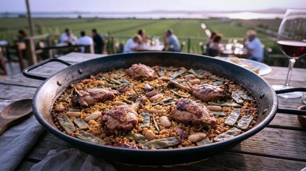Paella valencienne authentique au poulet, lapin, garrofón et haricots verts, dans sa poêle en acier, terrasse face aux rizières