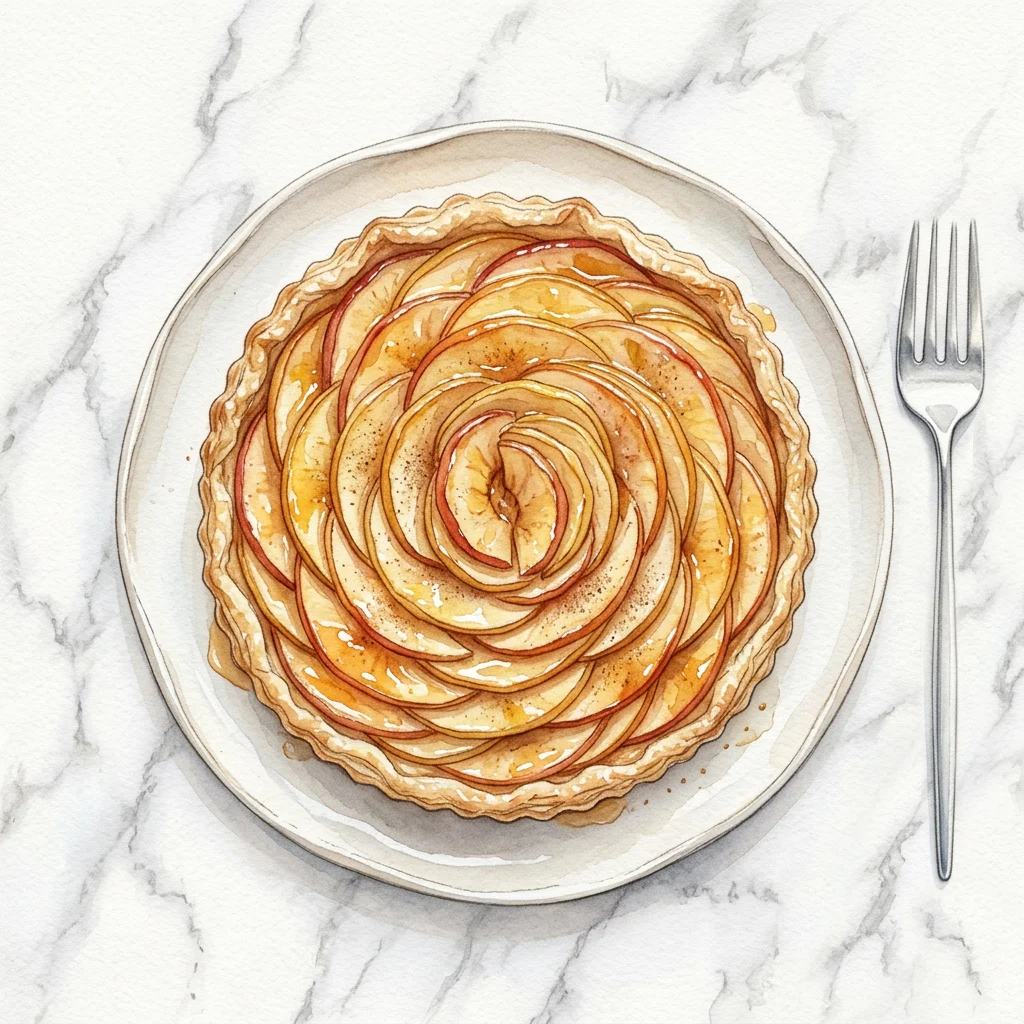 Aquarelle de tarte aux pommes dans une assiette de porcelaine