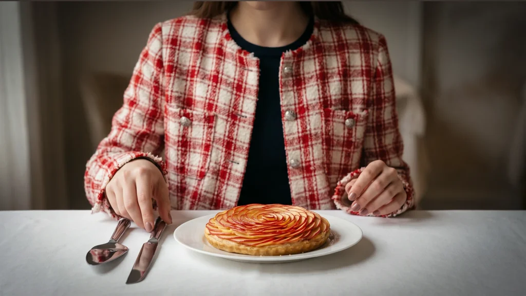 jeune femme à table devant une tarte aux pommes