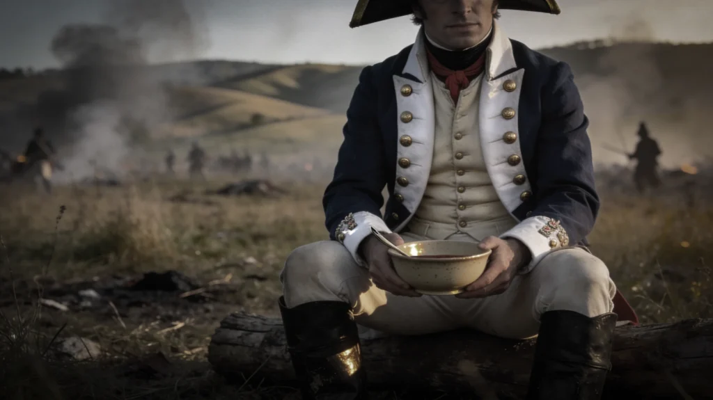 Personnage historique dans un champs de bataille avec son bol 
