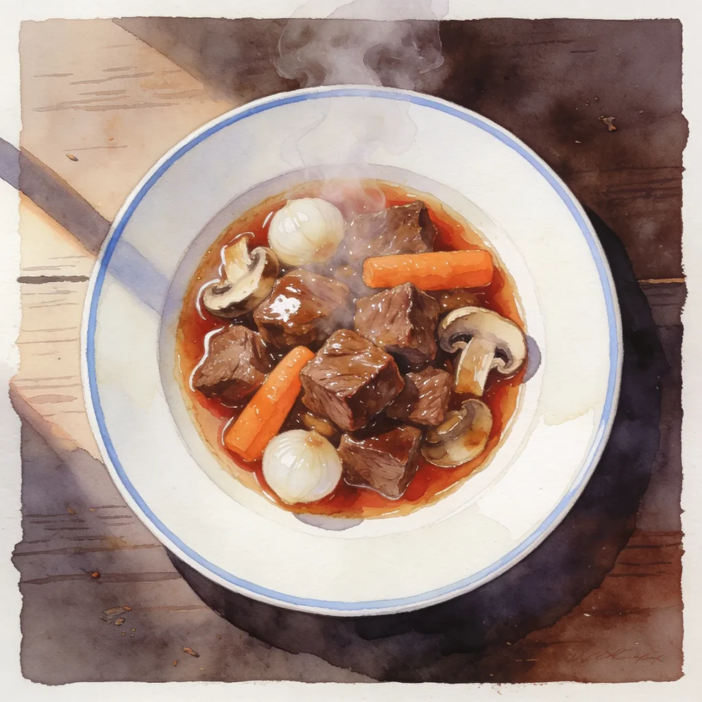 assiette de  bœuf bourguignon sur ne table en bois