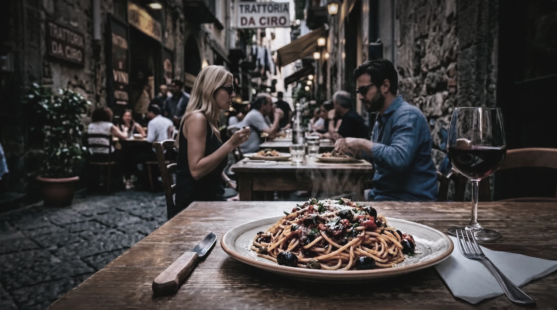 plat de spaghetti sauce puttanesca dans une ruelle de Naples