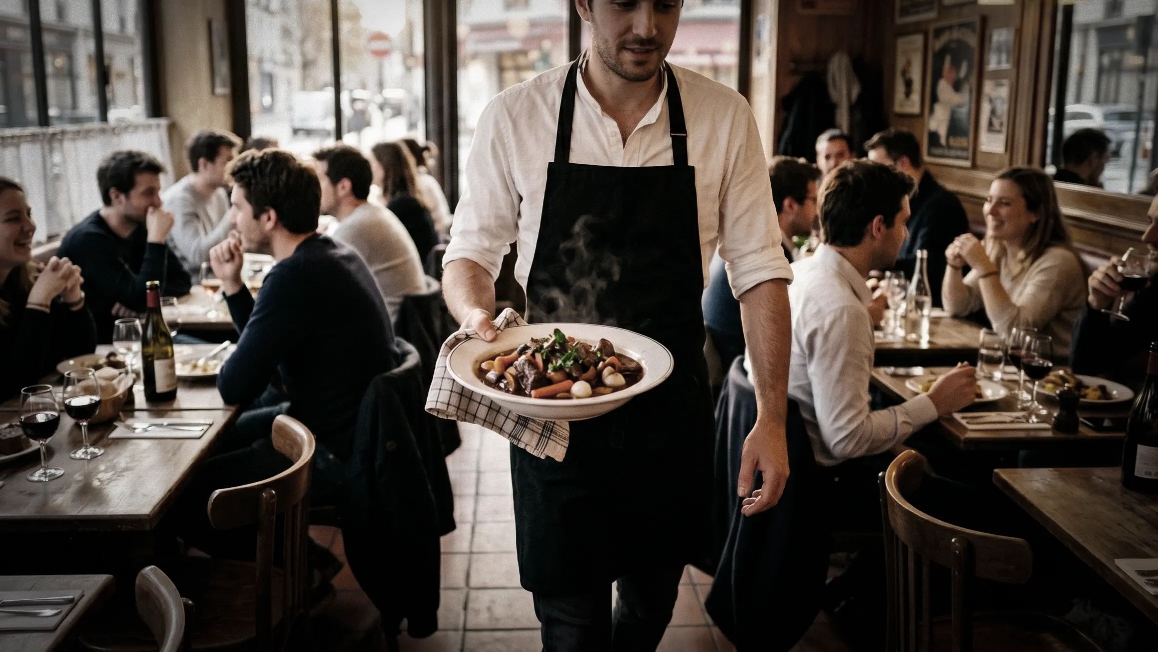 serveur dans un bistro tenant une assiette de boeuf bourguignon