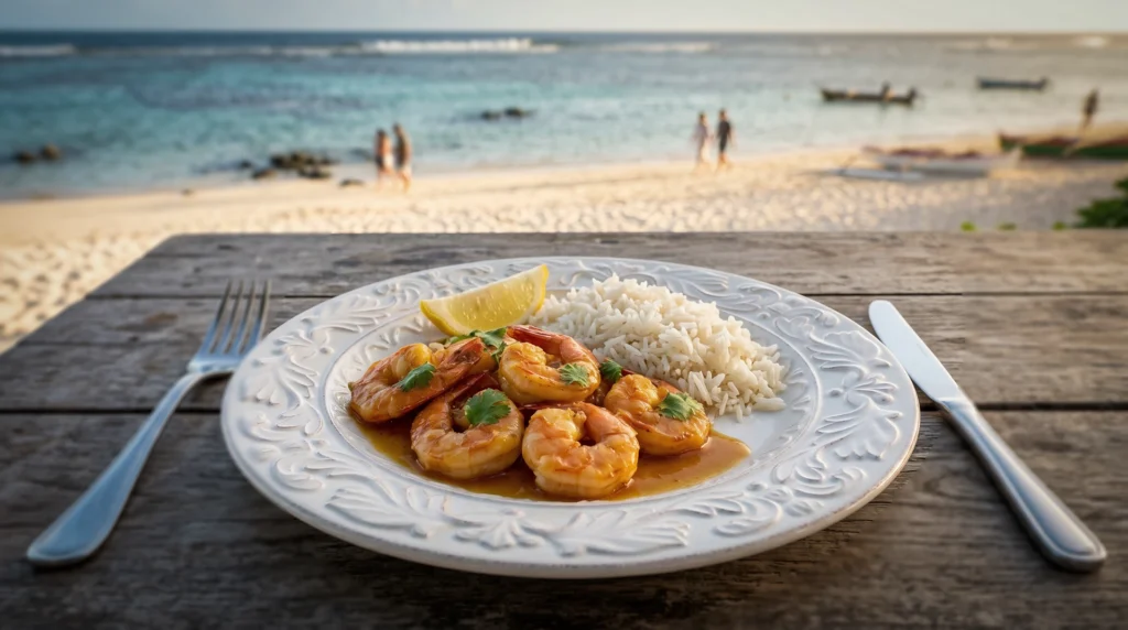 Cari aux crevettes sur une plage de l'Île de la Réunion
