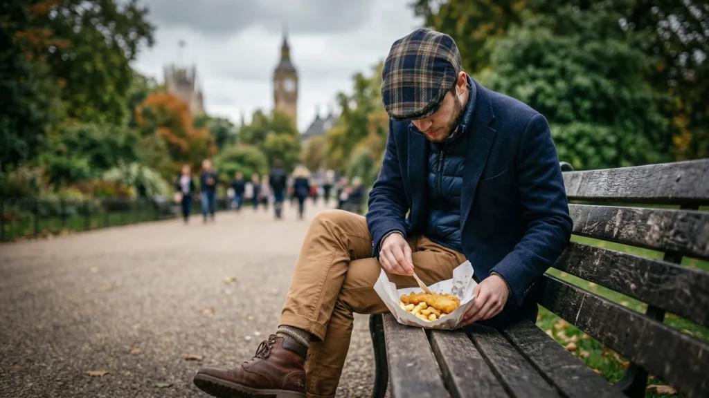 Homme assis sur un banc de parc à Londres avec son fish and chips traditionnel